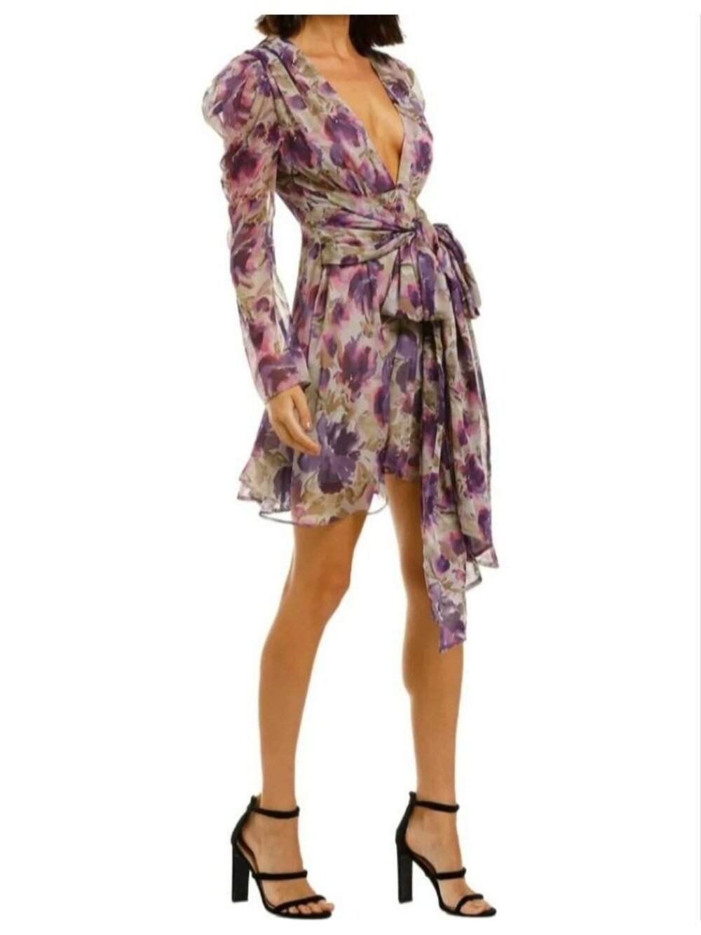 Misha Collection Dress Purple Floral  Sheer Sleeves & High-Low Hem Size 4